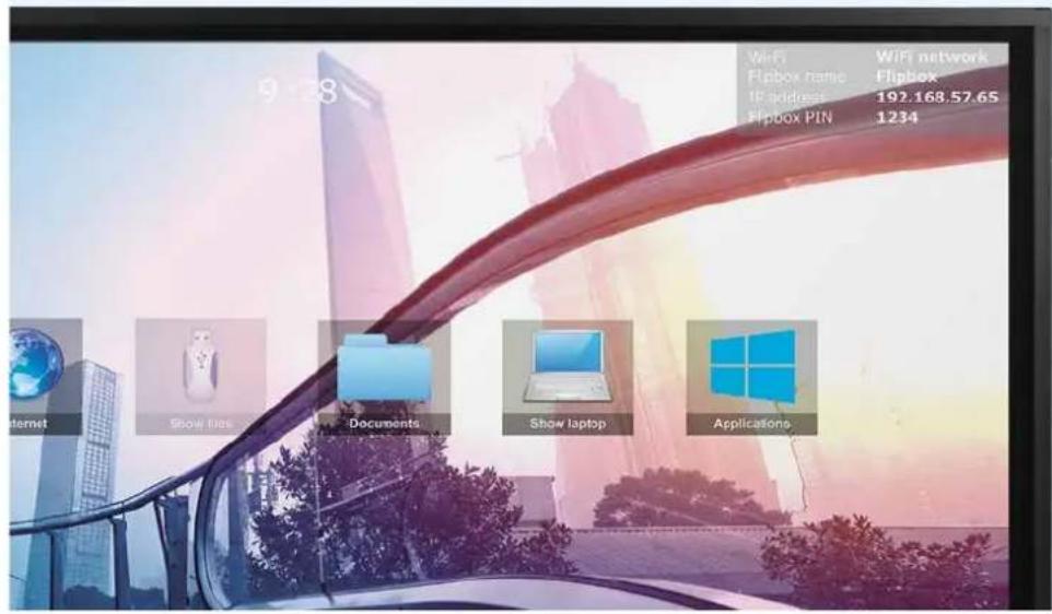 9:38 WiFi Flipbox name IP address Flipbox PIN WiFi network Flipbox 192.168.57.65 1234 Internet Show files Documents Show laptop Applications