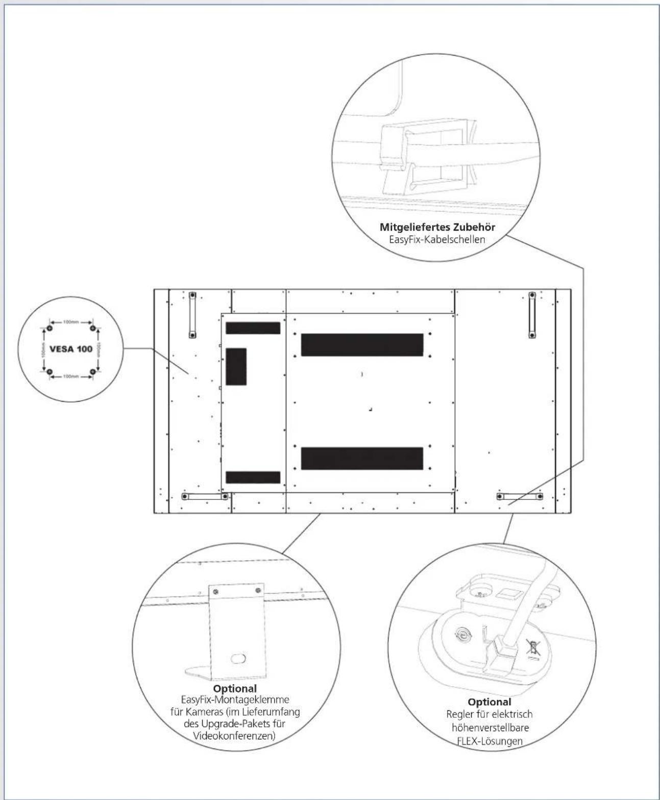 Mitgeliefertes Zubehör EasyFix-Kabelschellen VESA 100 100mm 100mm 100mm Optional EasyFix-Montageklemme für Kameras (im Lieferumfang des Upgrade-Pakets für Videokonferenzen) Optional Regler für elektrisch höhenverstellbare FLEX-Lösungen