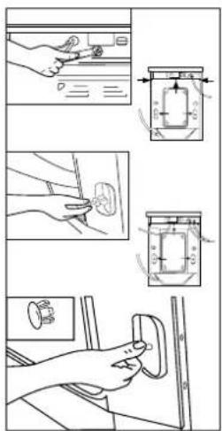 Technical diagram showing hand operating a control panel with labeled components and directional arrows indicating movement or positioning.