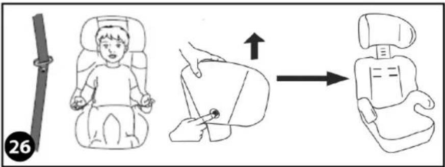 Illustration showing a child's seatbelt being adjusted to form a car seatbelt, with a numbered step and directional arrow.