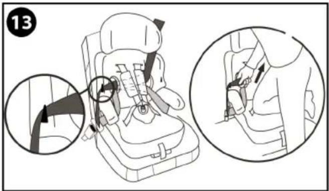 Diagram illustrating car seatbelting instructions with magnified views showing key components and adjustment arrows
