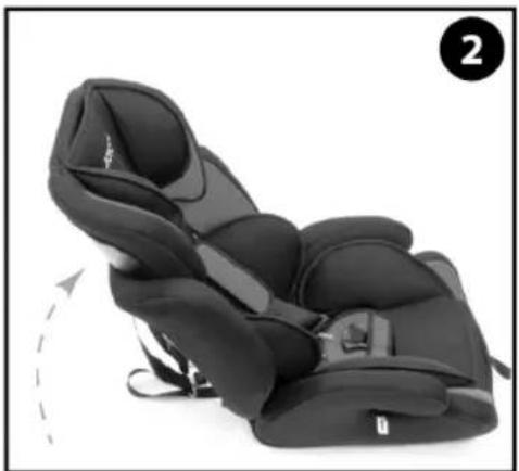 Black car seat with seatbelt and side panel, shown in a relaxed position (no text or symbols visible)