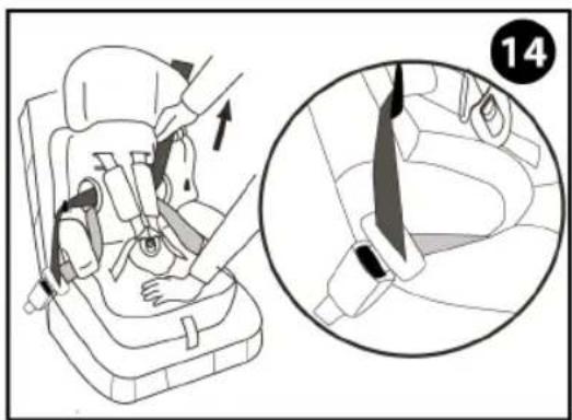 Diagram showing car seat assembly instructions with magnified detail view labeled '14'