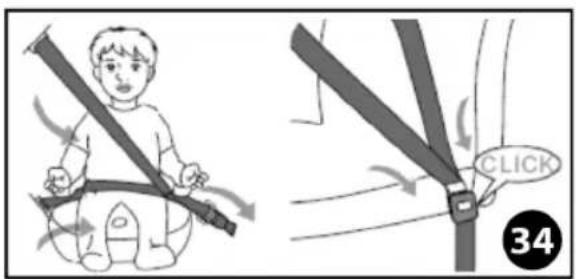 Illustration showing a child using a seatbelt to lift a car, with a 'CLICK' button and number 34 in the corner.