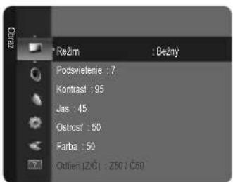 Režim : Bežný Podsvielenie : 7 Kontrast : 95 Jas : 45 Ostrosť : 50 Farba : 50 Odler: [2/Č] : Z50 : Č50