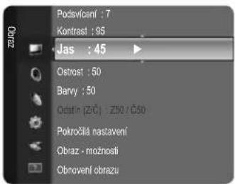Podsvicani : 7 Kontrast : 95 Jas : 45 Ostrost : 50 Barvy : 50 Odat: (2/Č) : Z50 / Č50 Pokročila nastavení Obraz - možností Obnovení obrazu