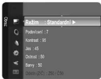 Režim : Standardní ► Podsvićenl : 7 Kontrast : 95 Jas : 45 Ostrost : 50 Barvy : 50 Odstín (ZČ) : Z50 / Č50