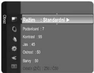 Režim : Standardní ▶ Podsvícení : 7 Kontrast : 95 Jas : 45 Ostrošť : 50 Barvy : 50 Odatř: [2ČI] : 250 / Č50