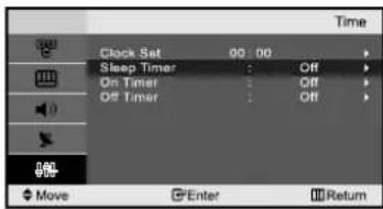 Clock Set 00:00 Sleep Timer : Off On Timer : Off Off Timer : Off Move Enter Return