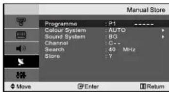 Programme : P1 ---- Colour System : AUTO Sound System : BG Channel : C-- Search : 49 MHz Store : ?