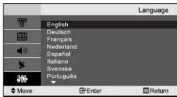 Language English Deutsch Français Nederland Español Italiano Svenska Português Move Enter Return