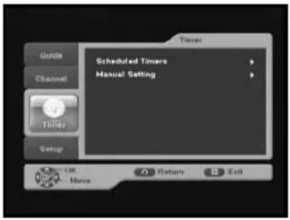 Timer Scheduled Timers Manual Setting Status Channel Timer Setup OK Move Return Exit
