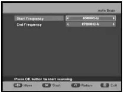 Auto Scan Start Frequency 4 4000KHz End Frequency 4 87000KHz Press OK button to start scanning +39 Move OK Start Return Exit