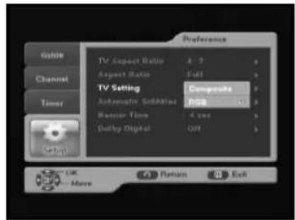 Preference Goldin Channel Timer TV Aspect Ratio 4.2 Aspect Status Full TV Setting Composite Automatic Subtotal Reactor Time 4 sec Delay Digital Off OK Return OK Move