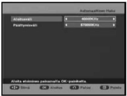 Automaticinen Haku AIotusali 40000KHz Paättymäväli 87000KHz Aiota etsiminen palamalla OK-painketta Särä OK Aiöitus Palos Palots