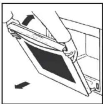 Illustration of a person holding a tablet device with an arrow indicating rotation (no text or symbols)
