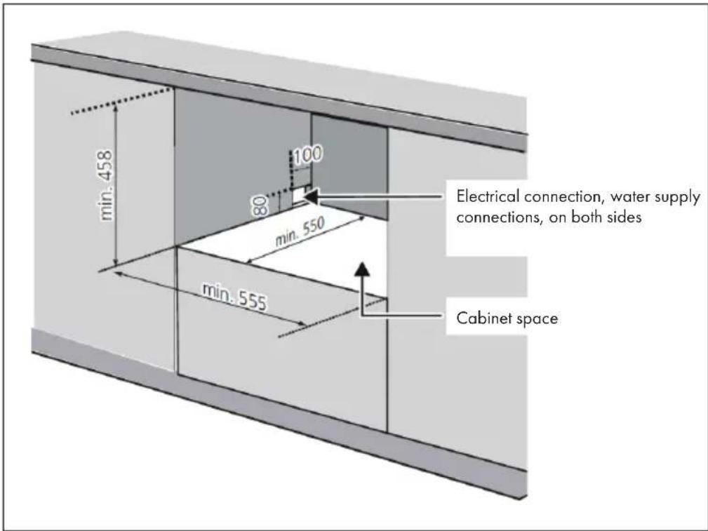 min. 458 100 80 min. 550 min. 555 Electrical connection, water supply connections, on both sides Cabinet space
