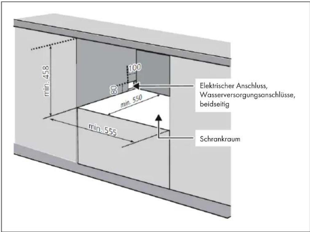 min. 458 80 100 min. 550 min. 555 Elektrischer Anschluss, Wasserversorgungsanschlüsse, beidseitig Schrankraum