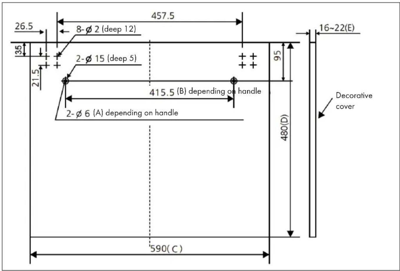 26.5 457.5 8-Ø 2 (deep 12) 35 21.5 2-Ø 15 (deep 5) 95 16~22(E) 415.5 (B) depending on handle 2-Ø 6 (A) depending on handle 480(D) 590(C) Decorative cover