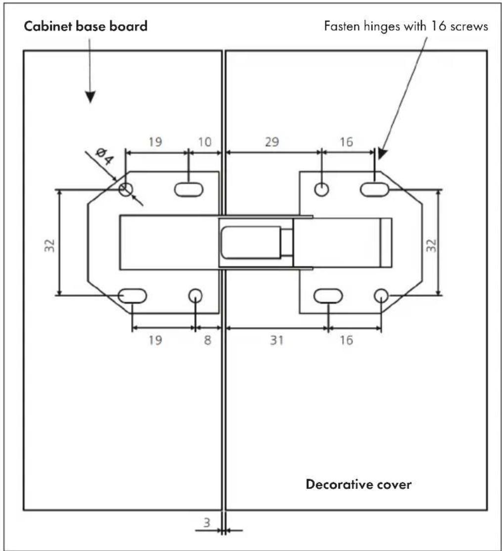 Cabinet base board Fasten hinges with 16 screws φ4 19 10 29 16 32 32 19 8 31 16 Decorative cover 3