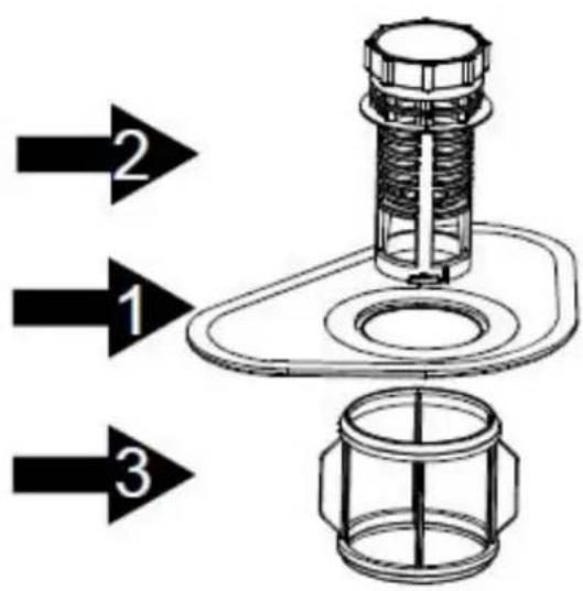 Technical diagram of a mechanical assembly with numbered parts and directional arrows indicating flow or assembly.