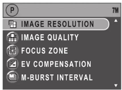 P 7M IMAGE RESOLUTION IMAGE QUALITY FOCUS ZONE EV COMPENSATION M-BURST INTERVAL