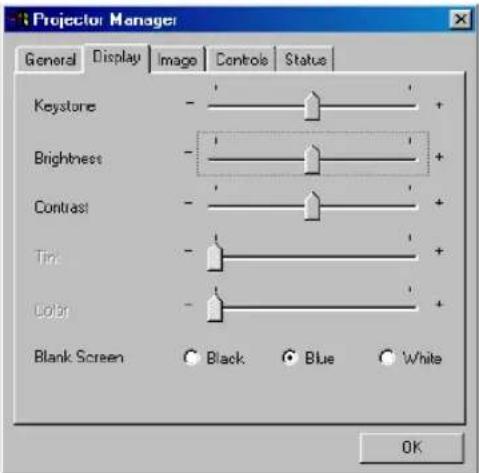 Projector Manager General Display Image Controls Status Keystone - Brightness - Contrast - Tin - Color - Blank Screen Black Blue White OK