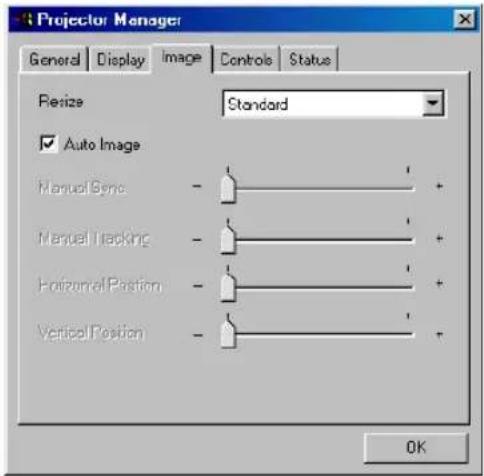 Projector Manager General Display Image Controls Status Perize Standard ✓ Auto Image Manual Bend - Manual Tracking - Horizontal Position - Vertical Position - OK