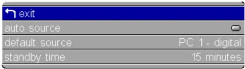 exit auto source default source PC 1 - digital standby time 15 minutes