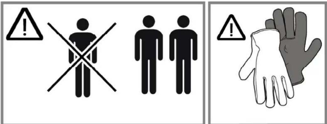 Warning symbols for human and hand use, including a cross symbol with warning sign and a hand gesture.