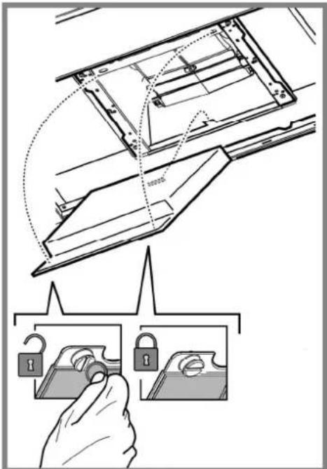 Diagram illustrating lock mechanism with hand holding key and lock icons inside a device panel