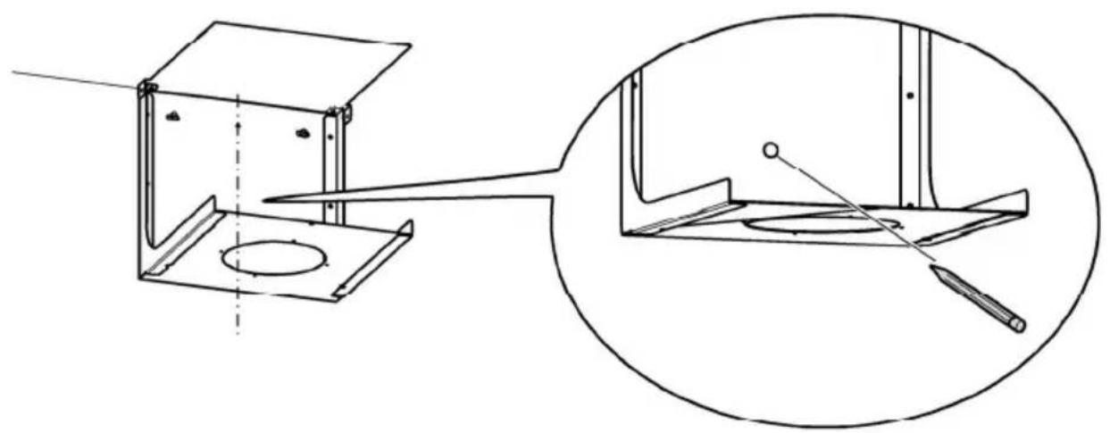 Technical line drawing of a mechanical assembly with a bracket and a close-up view showing internal components (no text or symbols)