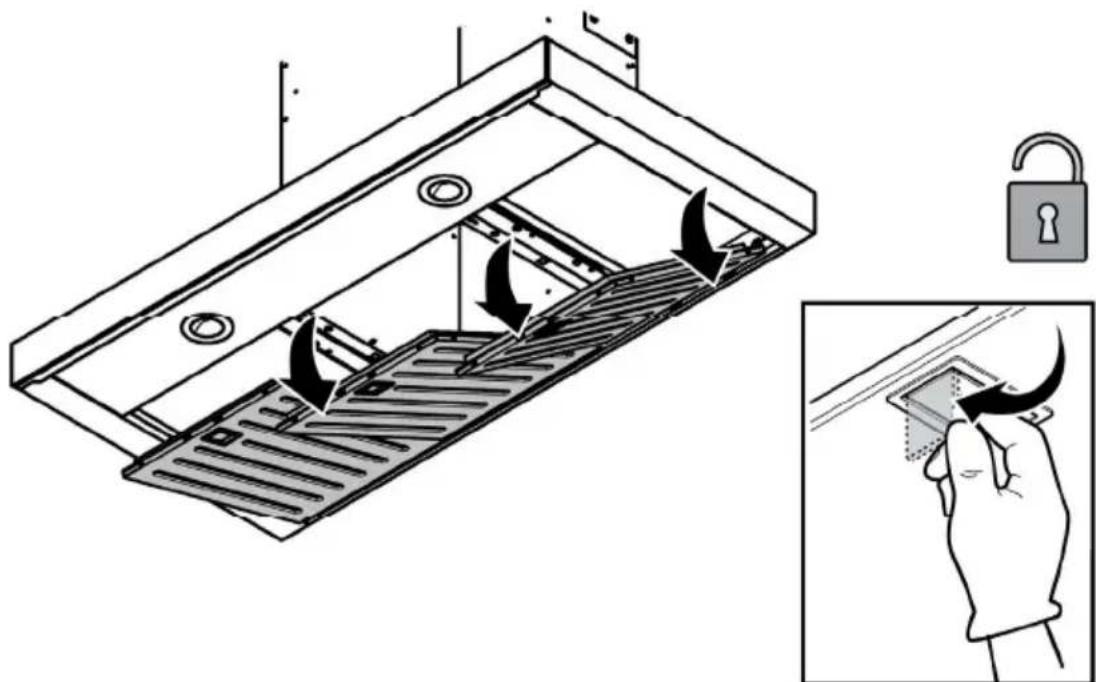 Diagram illustrating a lock mechanism with labeled components and a hand holding a key, showing directional arrows and a close-up of the lock.