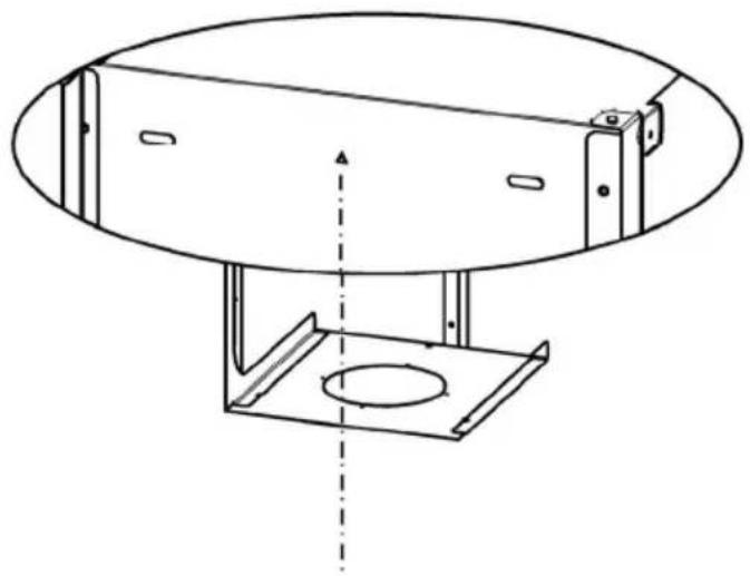 Technical line drawing of a circular mechanical component with mounting base and internal features (no text or symbols)