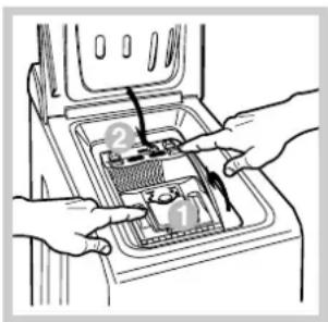 Diagram showing hands installing or adjusting a device with numbered components, likely for installation or repair instructions.