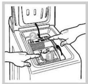 Diagram showing hands installing or adjusting a device with numbered parts, likely for installation or repair instructions.