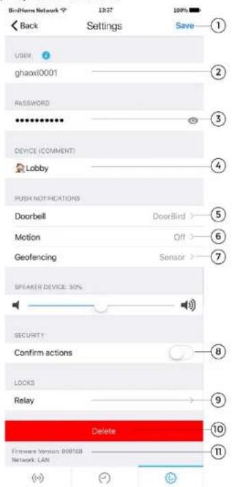 BirdHome Network Back Settings Save 1 USER ghaoxl0001 PASSWORD ********** DEVICE (COMMENT) Lobby PUSH NOTIFICATIONS: Doorbell DoorBird > Motion Off > Geofencing Sensor > SPEAKER DEVICE 50% SECURITY Confirm actions LOCKS Relay Delete Firmware Version 0001GB Network LAN