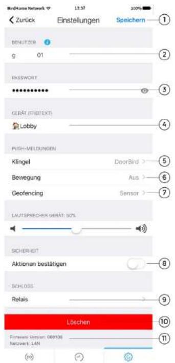 BirdName Network 13:37 20% Zurück Einstellungen Speichern BENUTZER g 01 PASSWORD GWERT (FRETEXT) Lobby PUSH-MELDUNGEN Klingel Bewegung Geofencing LAUTSPRECHER GERÄT: 50% SICHERGT Aktionen bestätigen SCHLOSS Relais Löschen Firmware Version: 000108 Netzwert: LAN