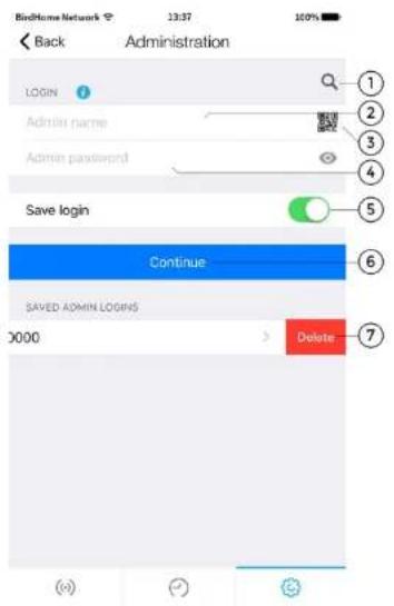 Back Administration LOGIN Admin name Admin password Save login Continue SAVED ADMIN LOGINS X000 Delete
