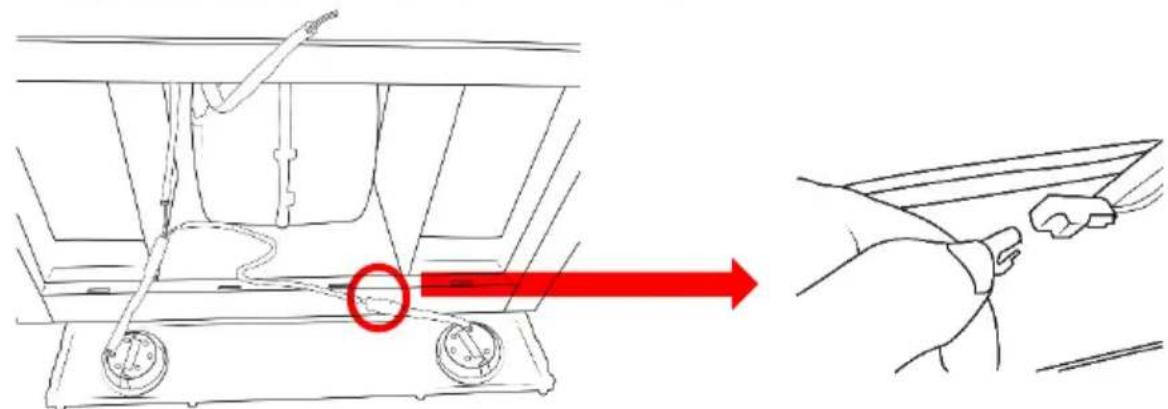 Diagram showing a hand holding a device with a red arrow indicating direction, alongside a schematic sketch of the device's internal components.