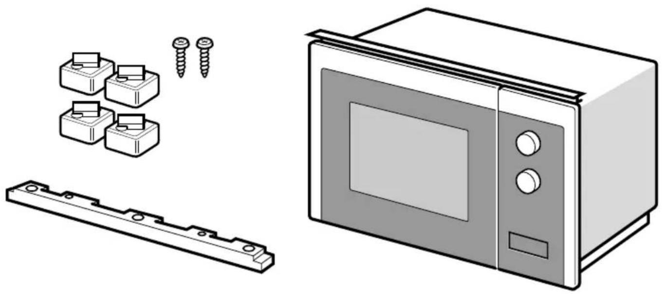 Illustration of a microwave oven, battery pack, and screw holder (no text or symbols)