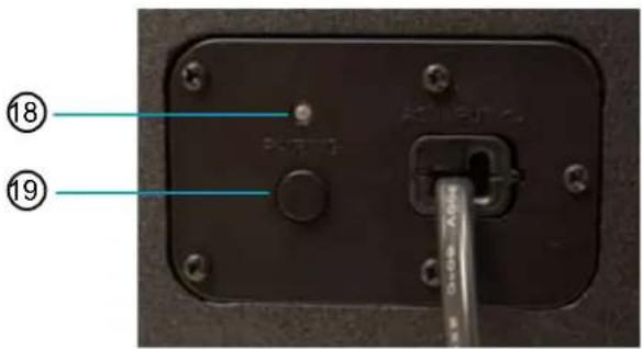Close-up of a black electronic device with labeled parts and numbered annotations (⑱ and ⑲)