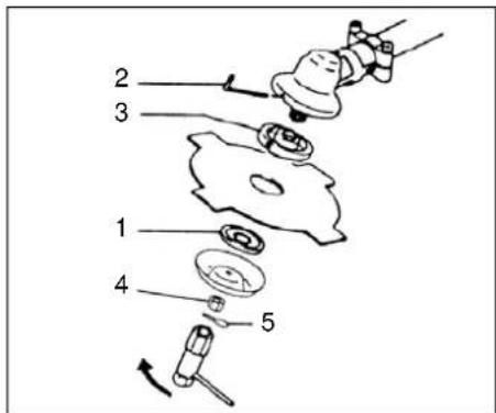 Exploded view diagram of a mechanical assembly with numbered parts and directional arrows indicating motion or assembly.