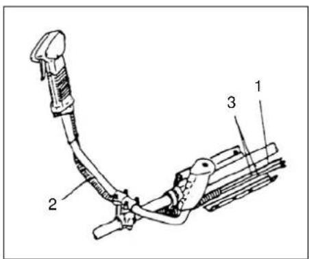 Technical diagram of a mechanical device with numbered components labeled 1, 2, and 3