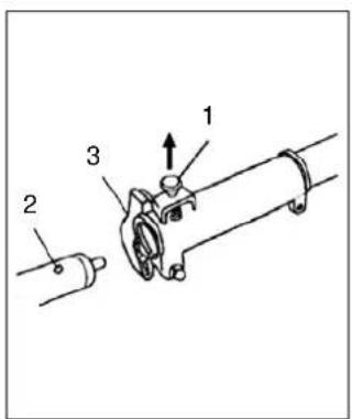 Technical diagram of a mechanical assembly with numbered components and directional arrow indicating motion