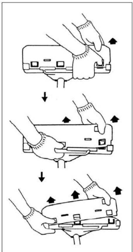 Diagram illustrating three-step mechanical assembly steps with directional arrows indicating motion