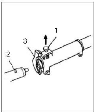 Technical diagram of a mechanical assembly with numbered components and directional arrow indicating motion