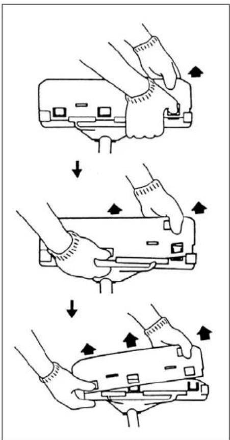 Diagram illustrating three-step mechanical assembly steps with directional arrows indicating motion