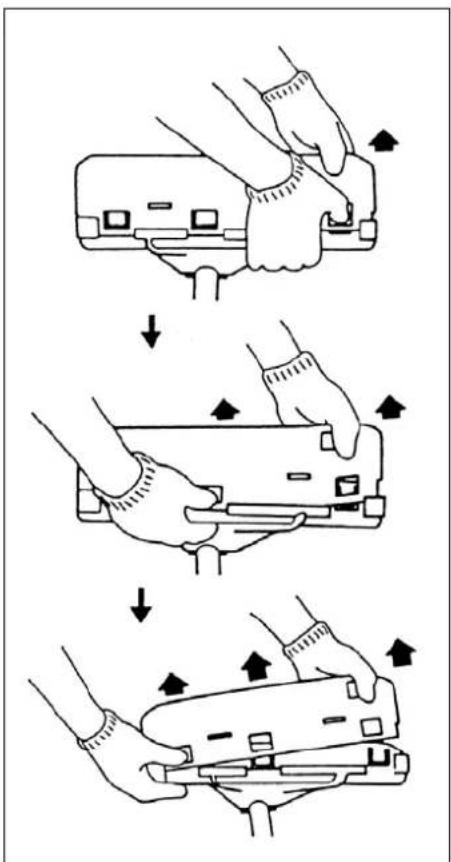 Diagram illustrating three-step mechanical assembly steps with directional arrows indicating motion