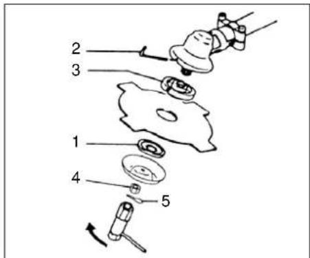 Exploded view diagram of a mechanical assembly with numbered parts and directional arrows indicating motion or assembly.